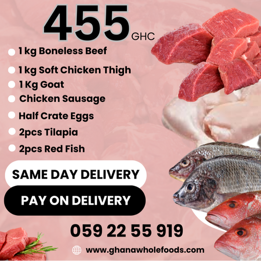 Promotional poster for an 'All-In-One Protein Bundle' with meat, fish, and eggs on a pink background.